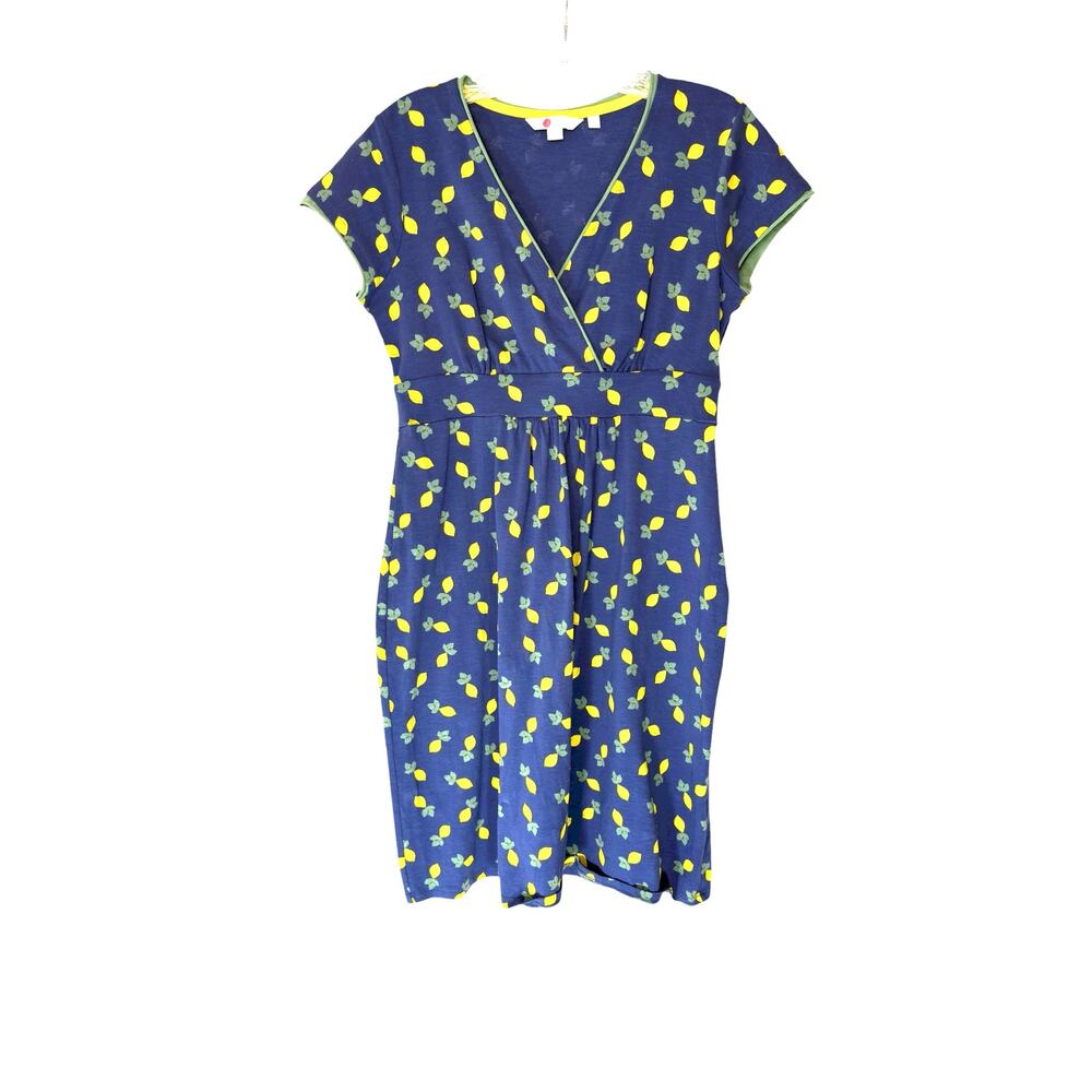 Boden Dress Blue Yellow Lemon Print Jersey Short Sleeve V-Neck Size 8 Petite‎